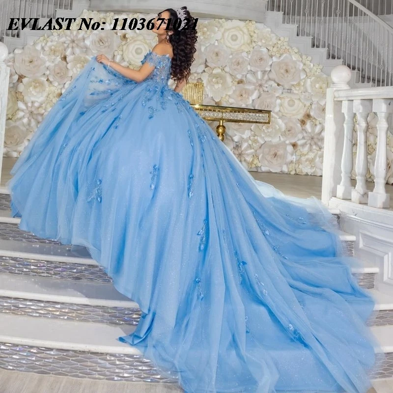 EVLAST-Vestido Quinceanera Azul Glitter, Vestido de Baile, Applique 3D Lace, Cristais Beading, México Sweet 16, XV 15, 15 Anos, SQ100