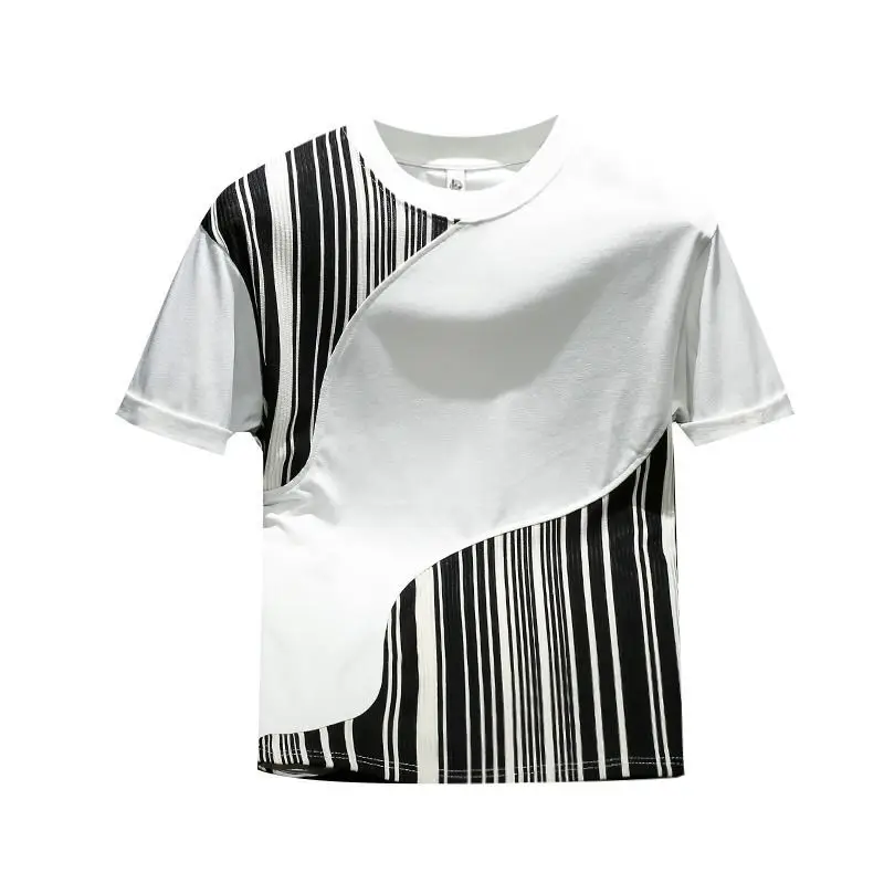 

Fashion Striped Print Spliced Hit Color Men Short Sleeve Tops Fashion Summer O Neck T Shirts Casual Thin 2xl Oversized Clothing