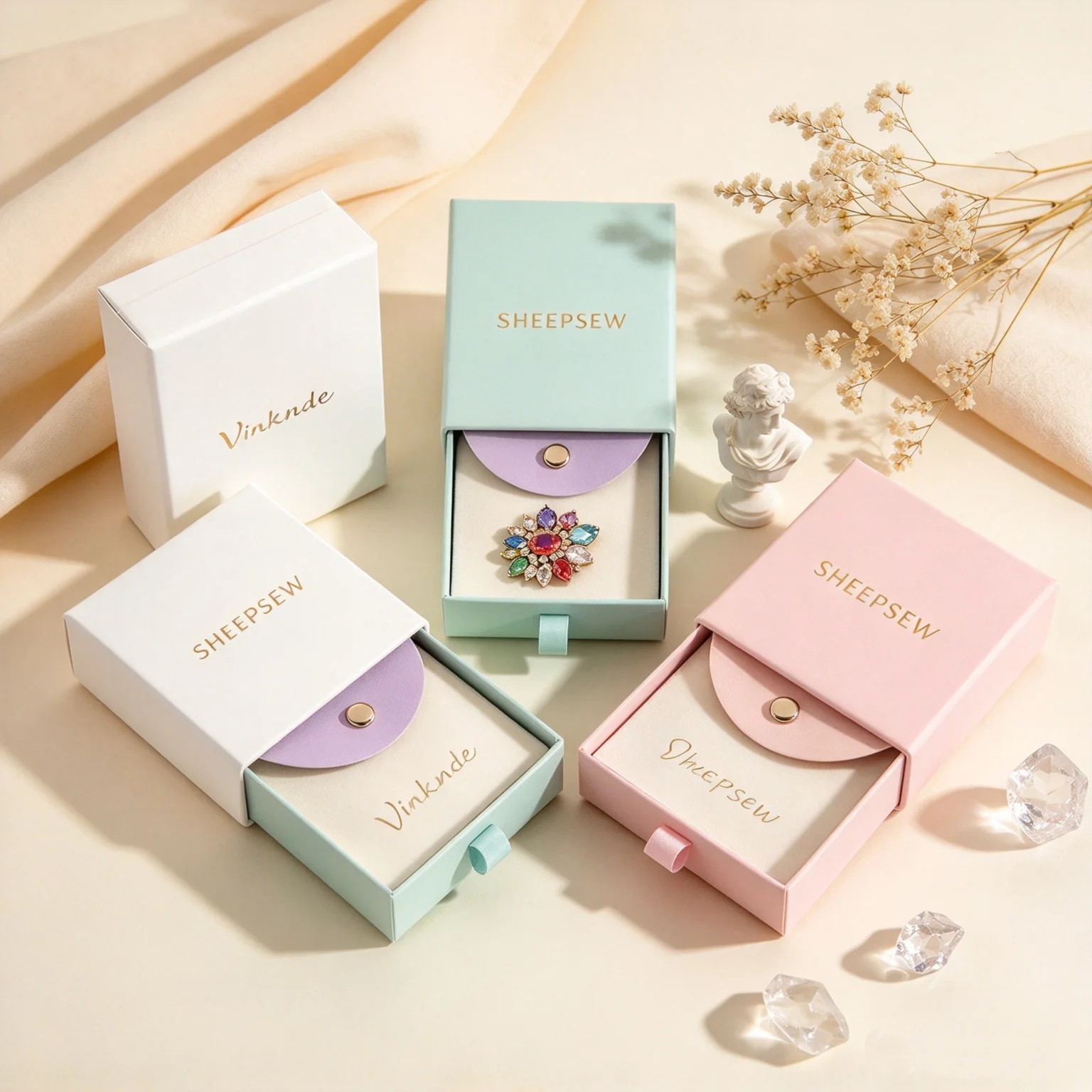 SHEEPSEW Personalized Jewelry Packaging Set 9x9x2.5cm Cardboard Drawer Box with 8x8cm Microfiber Snap Button Suede Envelope Pouc