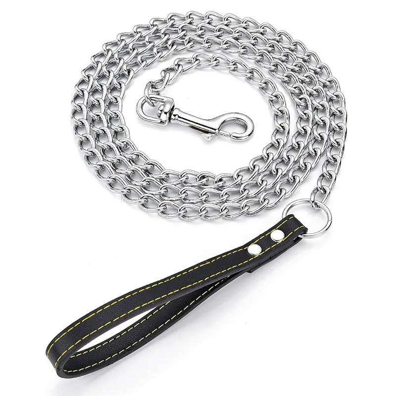 120cm Heavy Duty Dog Chain Leash Strong Chew Proof Chain Metal Dog Leash with Padded Leather Handle for Medium and Large Breeds