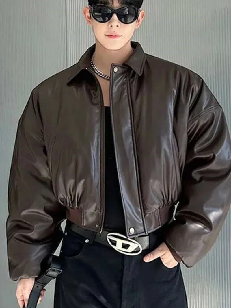 High Street Men's Padded Jackets Turn-down Collar Casual PU Leather Thickened Solid Color Loose Male Cotton Coats 9ET63