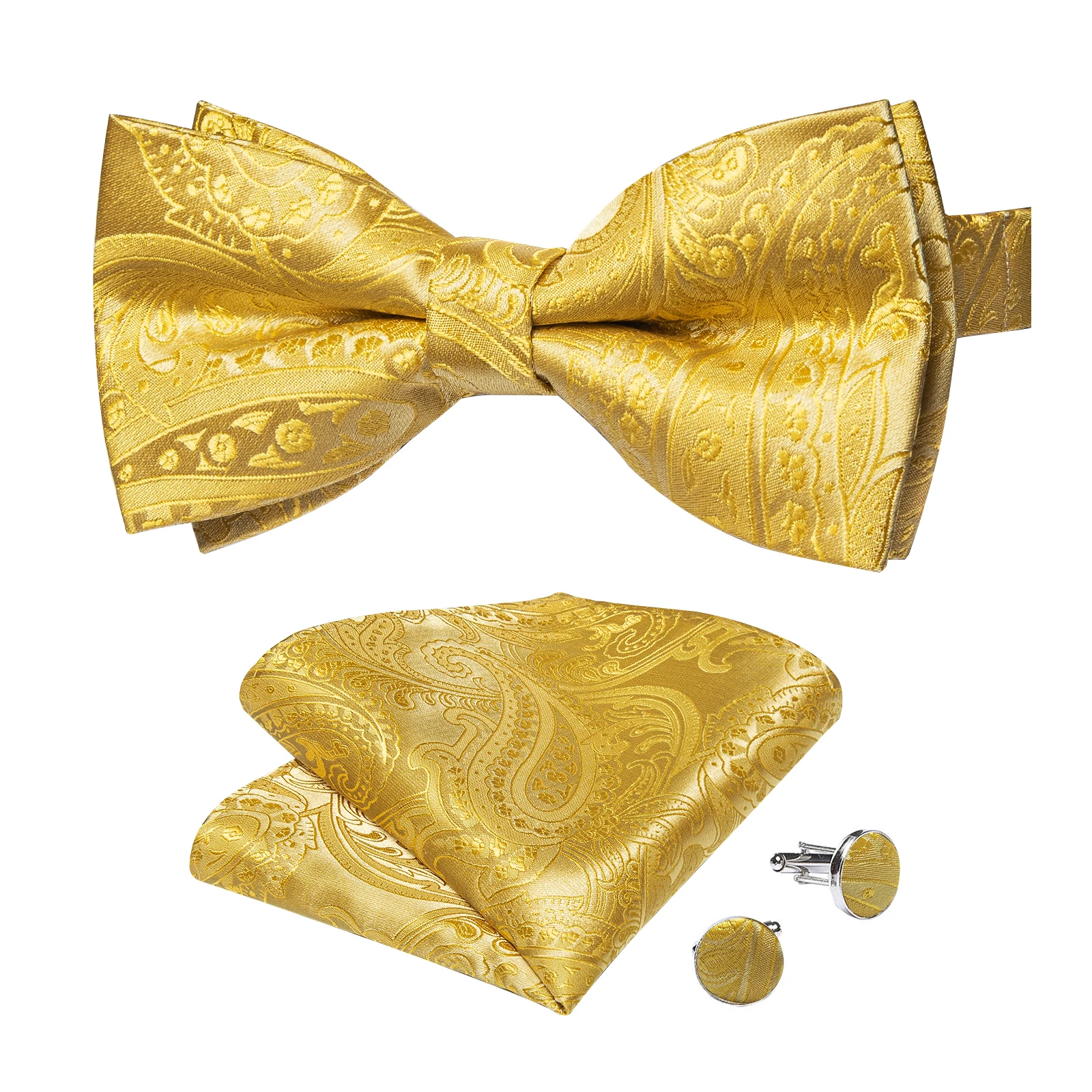Klassisches schwarzes Herren-Fliege-Set mit Einstecktuch und Manschettenknöpfen – Paisley Gold Vorgebundene Fliege – Detail 9