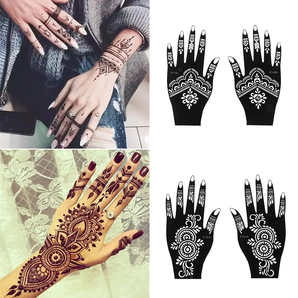 1 Paar Nieuwe Mehndi Indian Stijl Schoonheid Tattoo Stencils Tijdelijke Handsticker Diy Body Art Henna Sjabloon Sticker