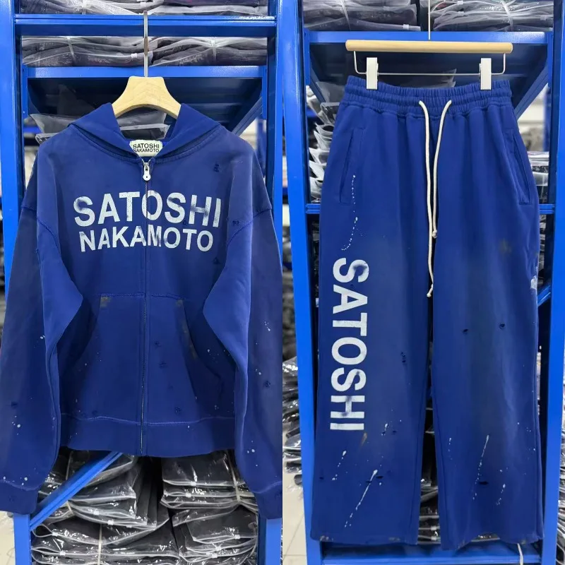 Retro Washed Blue Satoshi Nakamoto Zipper Hoodie Set New Letter Printed Street Fashion Brand Distressed Men Women Sports Sets
