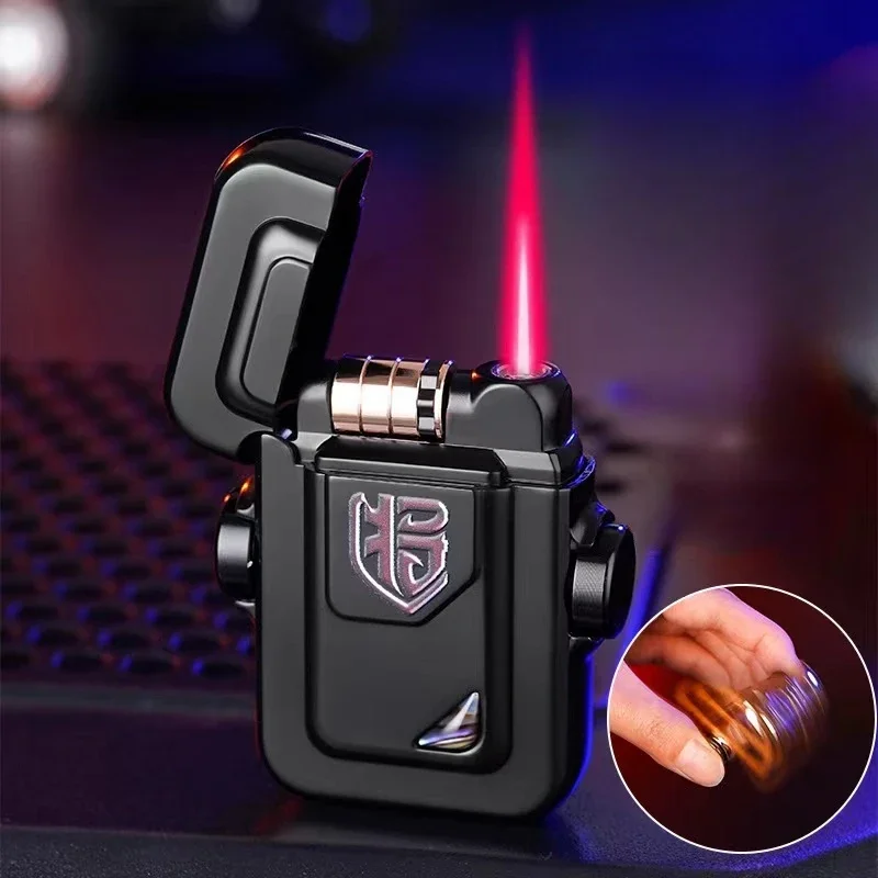 2024 Metal Mecha Gyro Windproof Red Flame Gas Lighter Natural Shell Decoration Roller Electronic Ignition Cigar Lighters Smoking