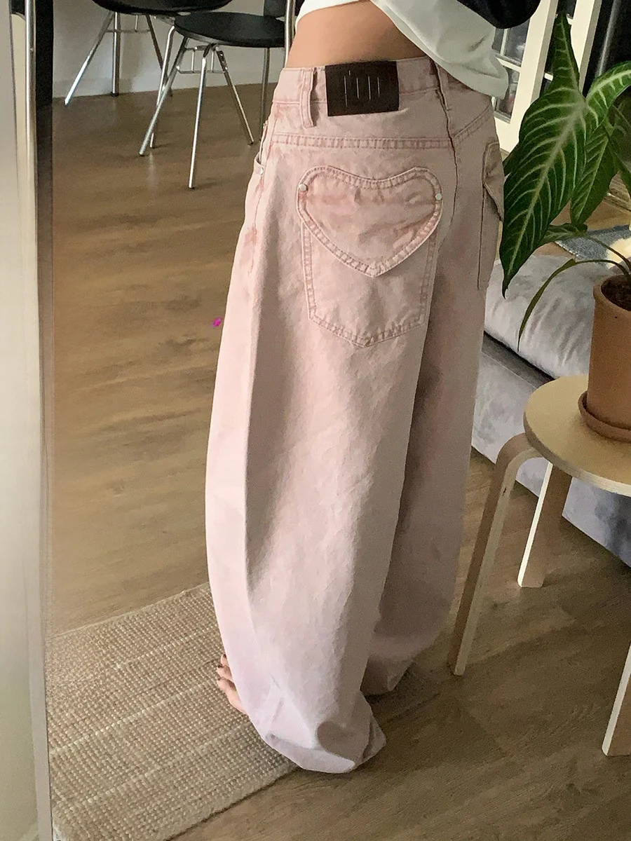 

High Waist Wide Leg Denim Jeans Love Heart ket Casual Floor Length Trousers Slimming Drapey Women's Spring Faion