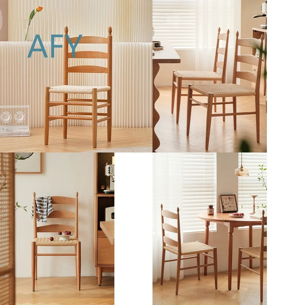Retro Solid Wood Dining Chair for Nordic Home Japanese Style Furniture with Backrest and Rope Woven Seat for Cherry Wood