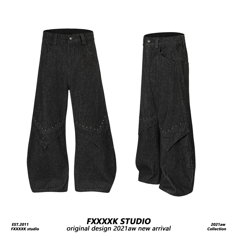 

FXK Original American High Street Wide Leg Jeans Rivet Design A-Line Knife Pants Ethnic Men's Clothing Floor-Length