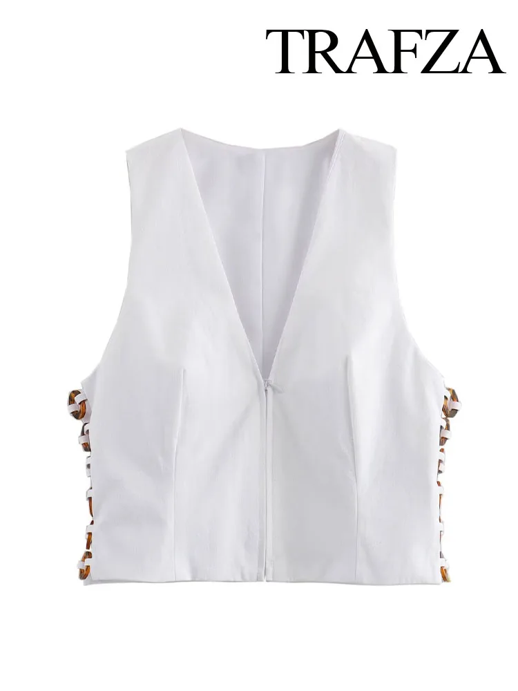 

TRAFZA Women Summer Solid V-Neck Sleeveless Casual Vest Top Woman New Fashion Beading Hollow Zipper Decorate Slim Top Mujer