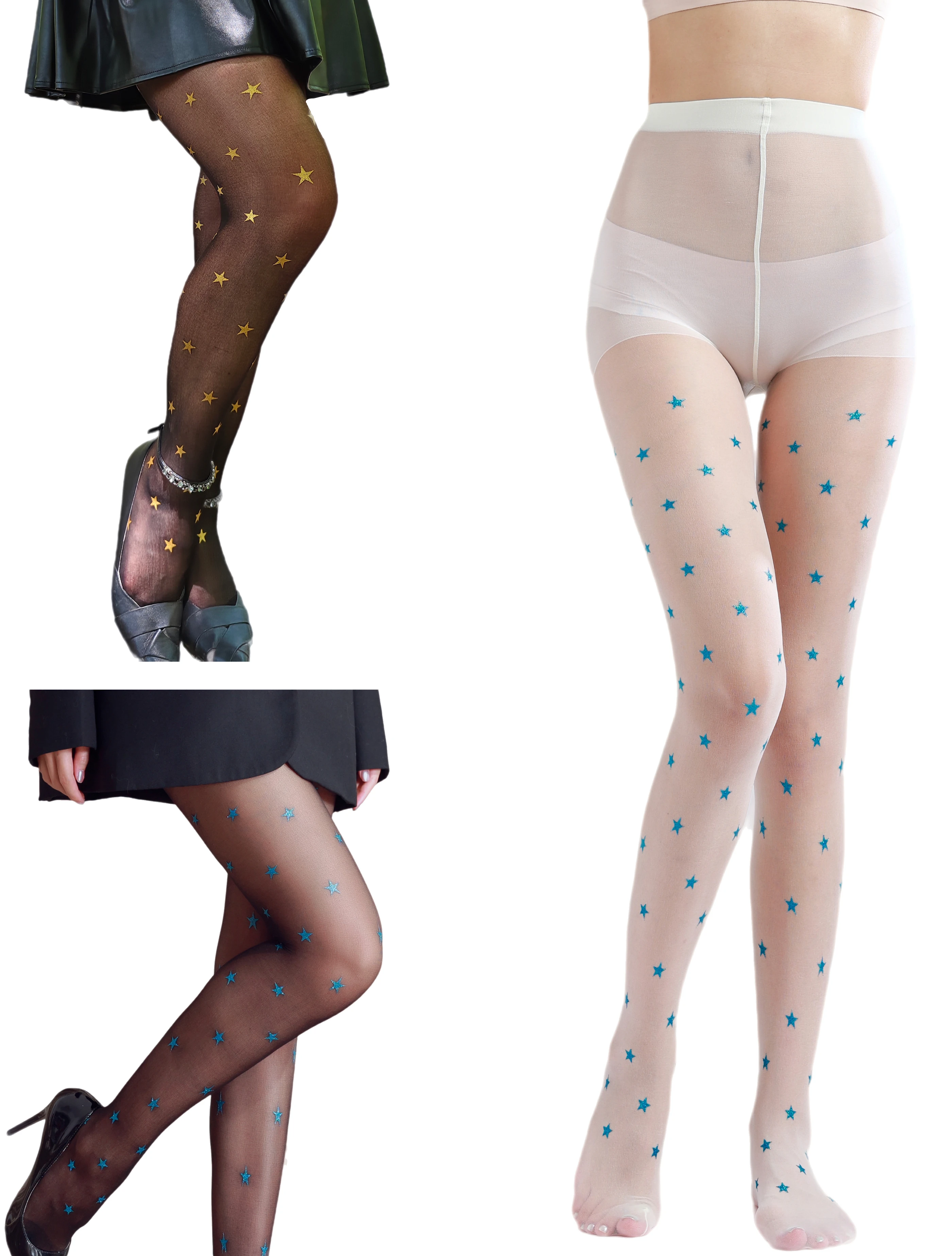 

Cute glitter stars sparkly shiny New Designs tights print pantyhose for womens sheer blue powder stockings