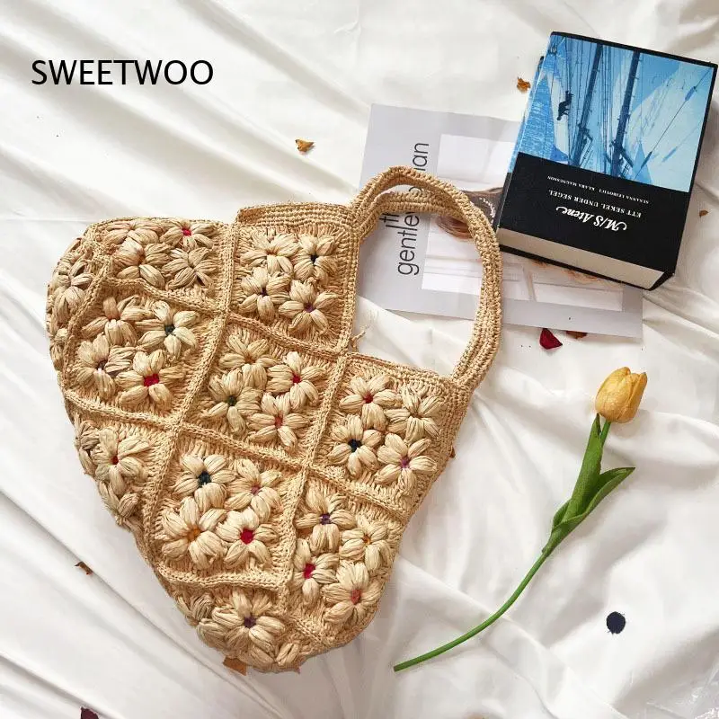 2026 Bohemian Style Raffia Woven Handbag with 3D Floral Applique Large Capacity Casual Shoulder Bag Ladies Daily Use