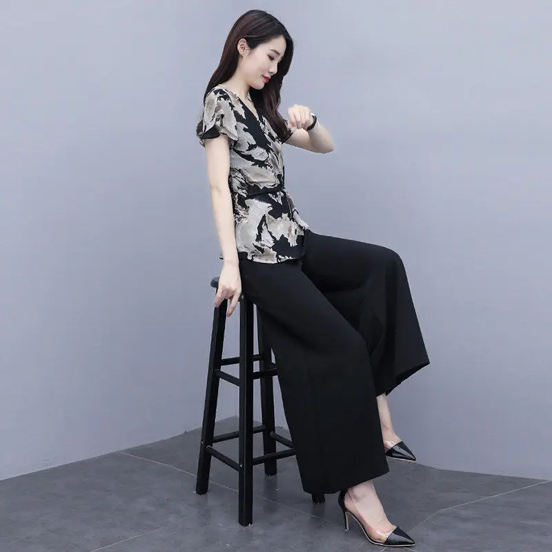 Wide Leg Trouser Suit for Women Summer Chic Elegant Print Blouse + Pants Two Piece Set Pantsuits Chiffon Clothing M-4XL J410