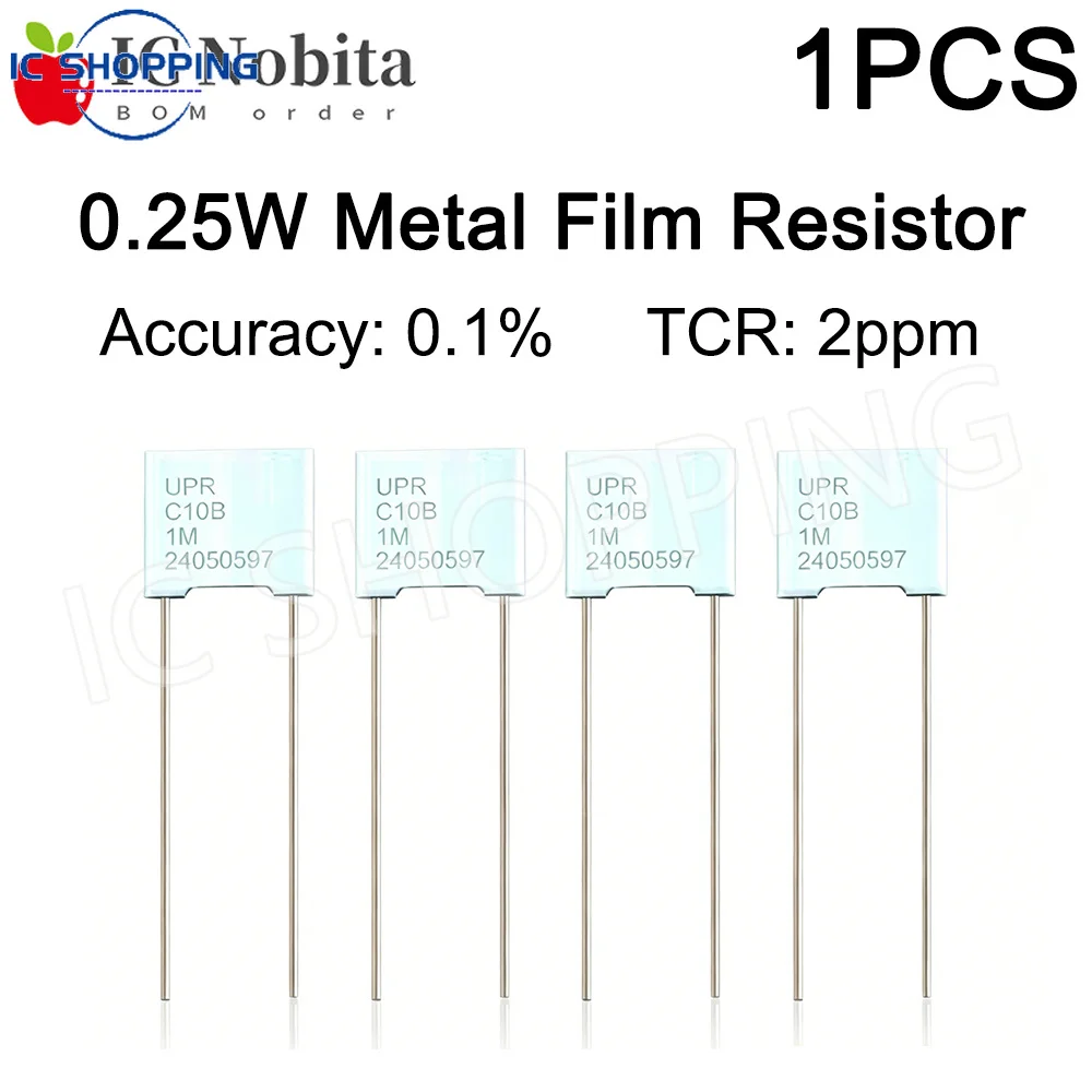 1PCS Resistor de Filme Metálico de Precisão UPR 1/4W 0.25W 1M 5M 20 50 250 Ohm 0.1% 2PPM com Baixa Deriva de Temperatura, Resistor de Amostragem Vertical