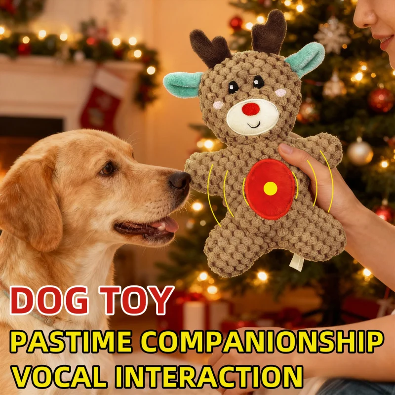 

Christmas Dog Toy with 3D Embroidery - Elk Shape Chew-Resistant Squeaky Plush, Xmas Themed Interactive Toy for Dogs