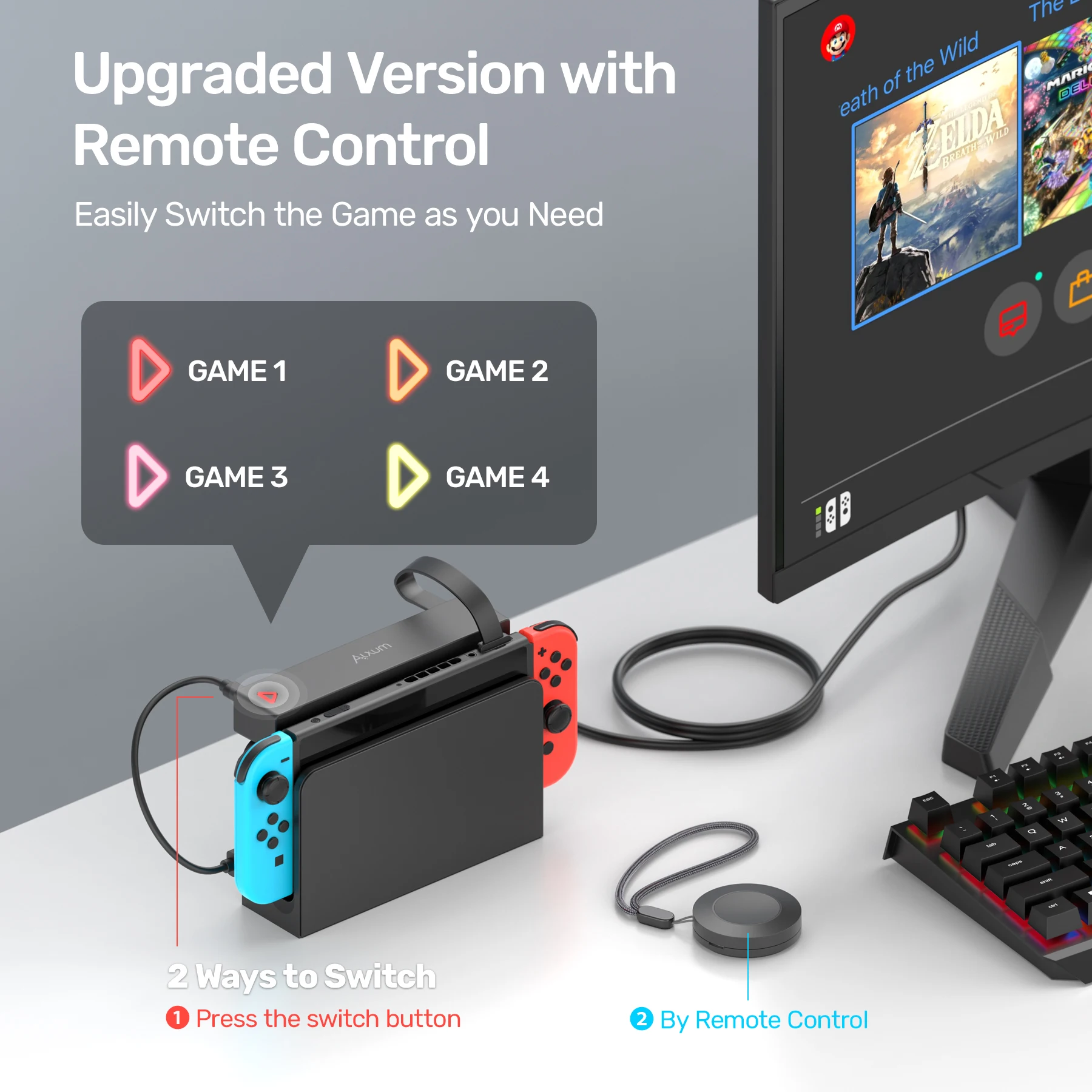 Game Card Reader for Nintendo Switch 1 in 4 Switcher with 4 Storage Slots Wireless Remote Gamers Accessories Plug & Play Black