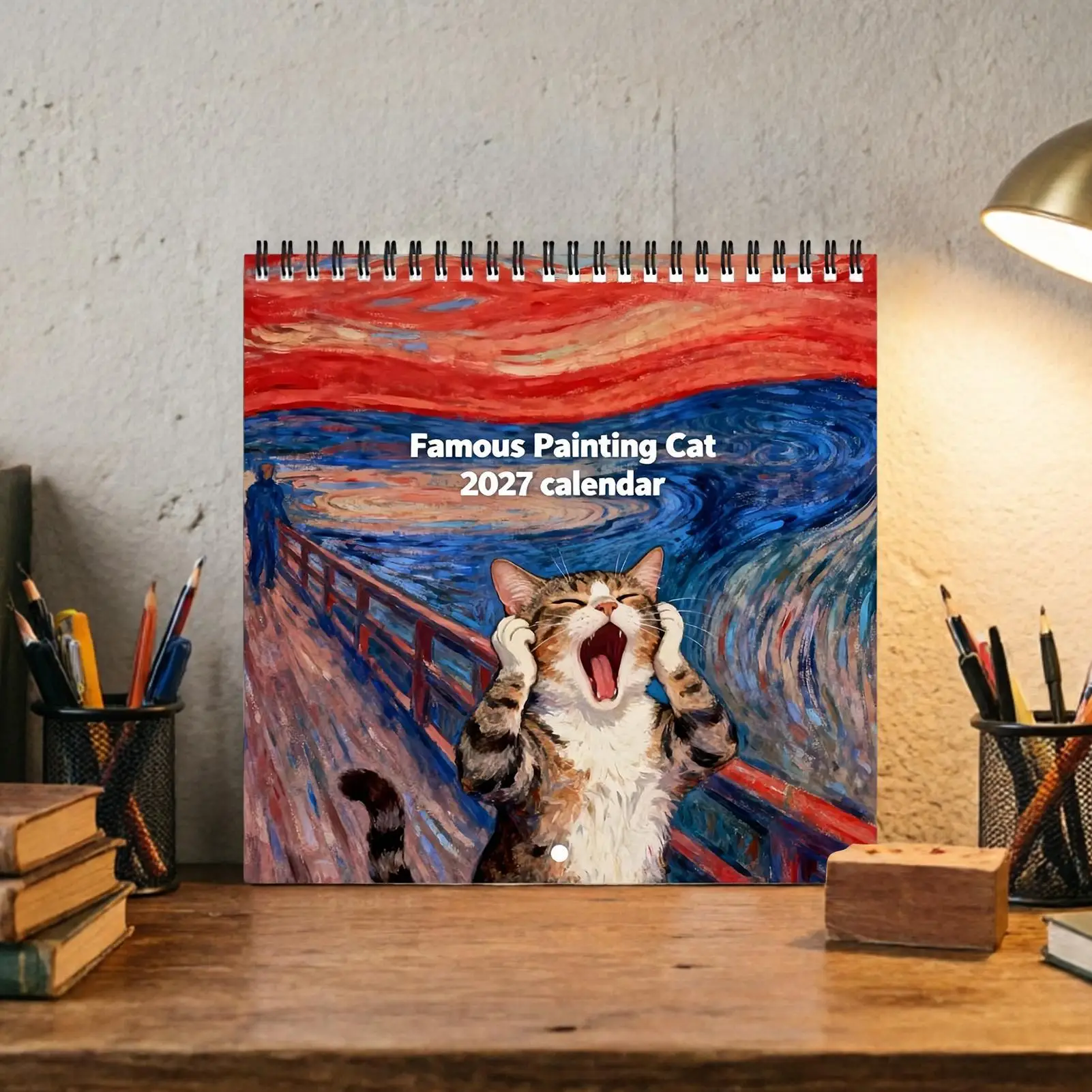 Funny Cat Calendar Coil Binding World Famous Painting Wall Planner 2027 Screaming Cat Animal Calendar For Appointment Office