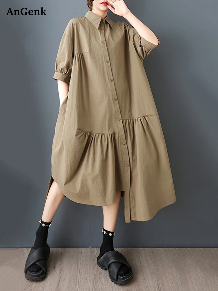 غير النظامية المرقعة خمر قميص فساتين للنساء صيف طويل جديد في قصيرة الأكمام فستان كاجوال فضفاض ملابس أنيقة 2025