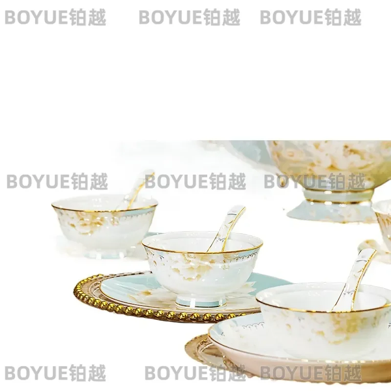 Luxury Bone China Dinnerware Set Jingdezhen Ceramic Plates Bowls Chopsticks Complete Tableware Collection for Home Dining