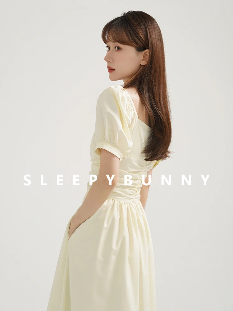 French V-Neck Puff Sleeve Dress Women Summer Slim Fit A-Line Long Dress Elegant Ruched Waist Soft Girl Look Daily Date Vacation
