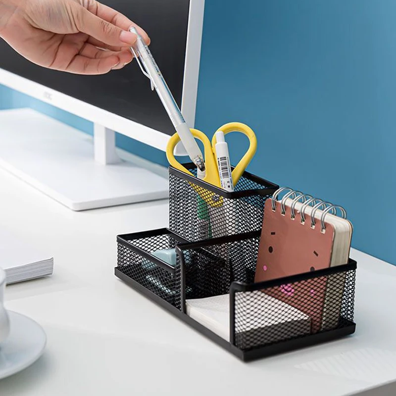 [1PC] Desk Stationery Organizer Creative Metal Pen Holder Pencil File Storage Rack 3 Grid Storage Box Office Accessories