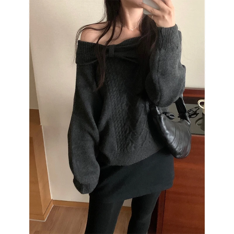 سترة نسائية وردية مكشوفة الكتفين موضة مثيرة مائل الرقبة بلوفرات محبوكة كورية حلوة تريكو شتوي كم طويل لاعبا جديد