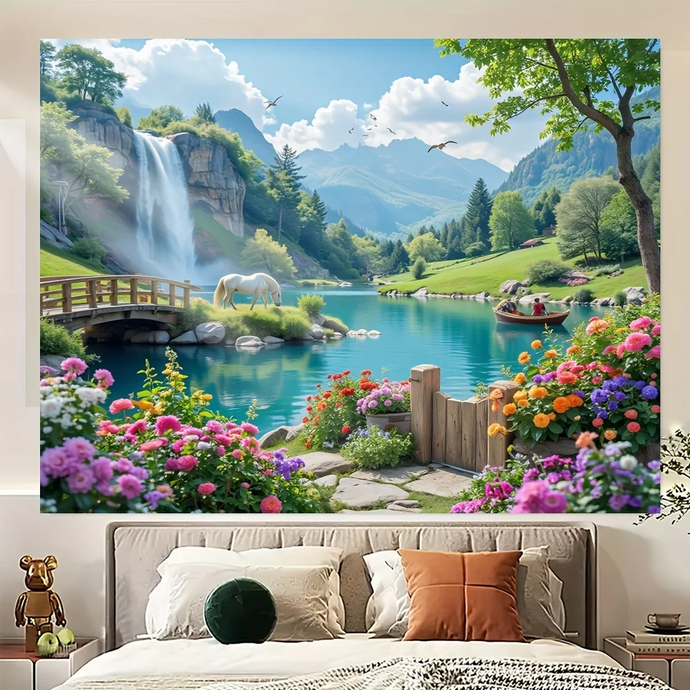 Mountain Lake Waterfall Horse Bridge Garden Tapestry Scenic Wall Hanging for Living Room Sofa Background Nature Lover Gift
