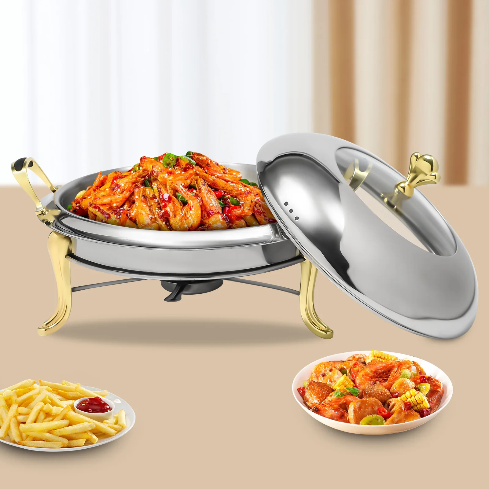 Round Chafing Dish Buffet Set 2.5L/2.64Qt, Stainless Steel Food Warmer with Alcohol Fuel Can, Portable Catering Chafer for Party Wedding