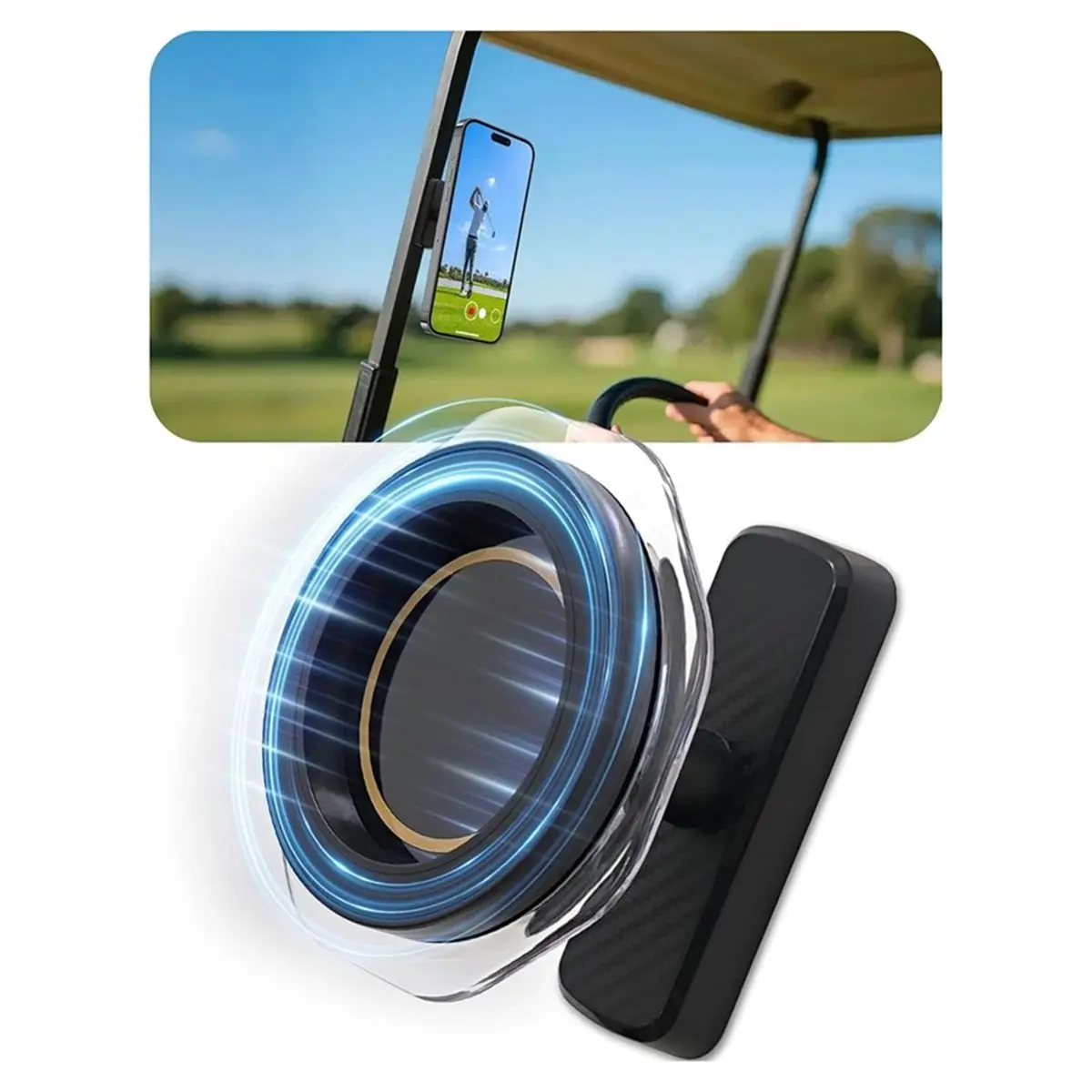 (A75U] Magnetic Golf Cart Phone Mount, 360° Rotatable Golf Cart Accessories, Use for Golf Kitchen Gym Fitness Recording