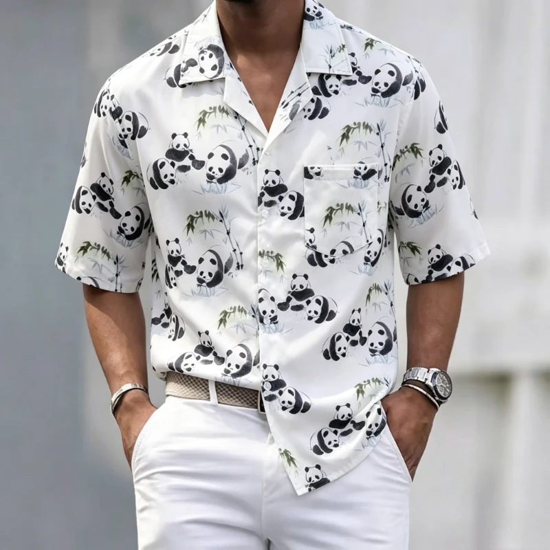 Men's Short Sleeve Panda Print Shirts Hawaiian Flower Print Lapel Seaside Button-Down Floral Shirt Top Casual Fashionable Shirts