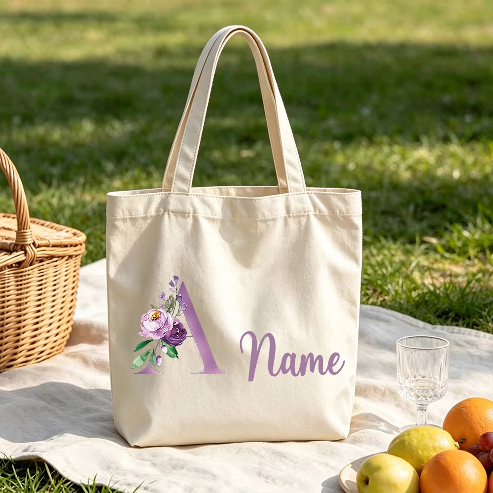 Personalized Purple Floral Initials Canvas Tote Bag Custom Name Monogram Grocery Shopping Bag Reusable for Women Bridesmaid Gift