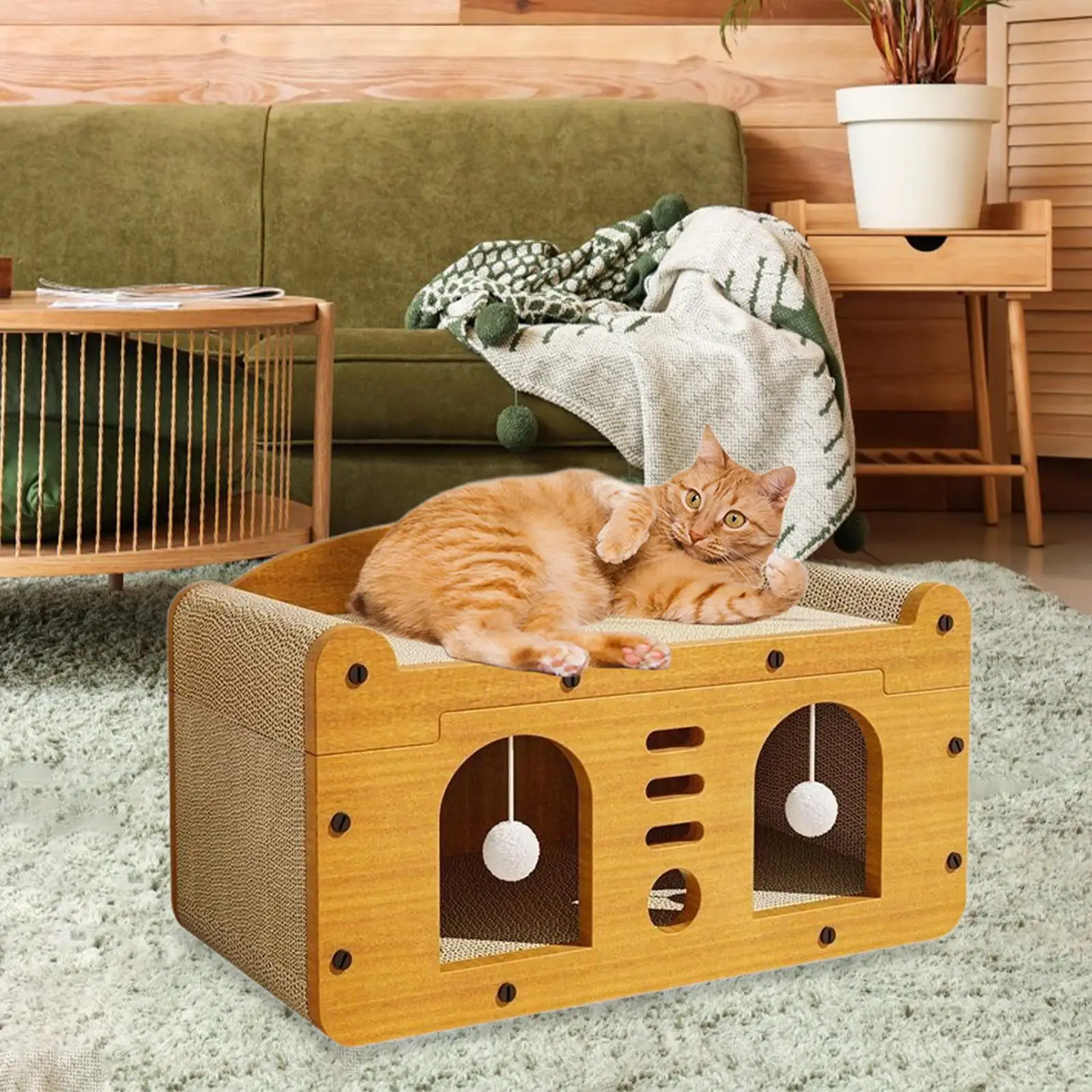 Corrugated Board Cat Scratcher House with Hanging Ball Sofa Protector Indoor Lounge Bed for Cats Scratch Pad and Nap