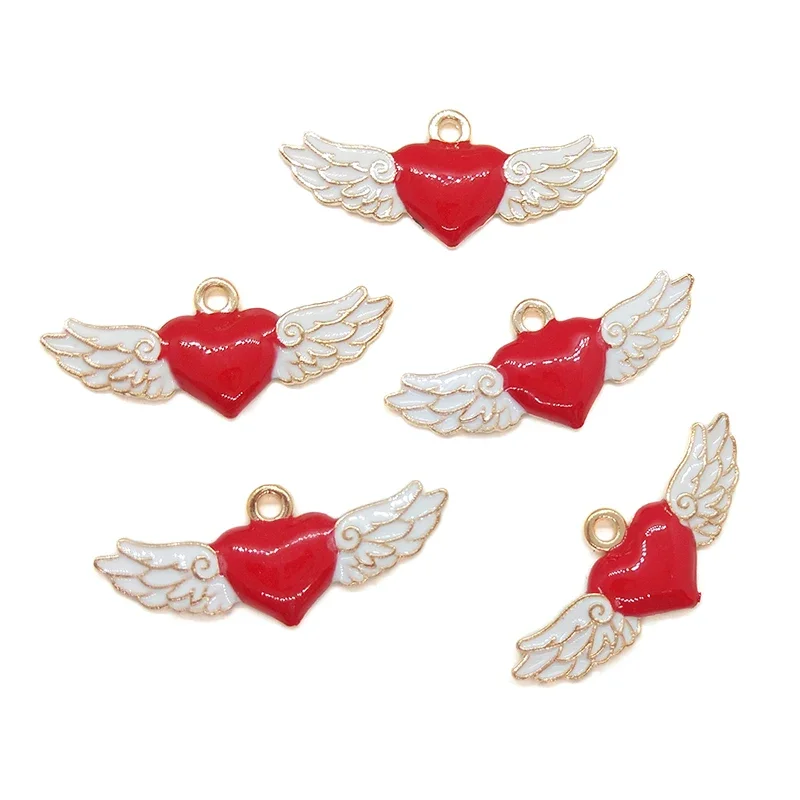 New 14*35mm 6pieces/bag Zinc Alloy Enamel Heart Wings Charms Pendant for DIY Earrings Necklace Jewelry Accessories