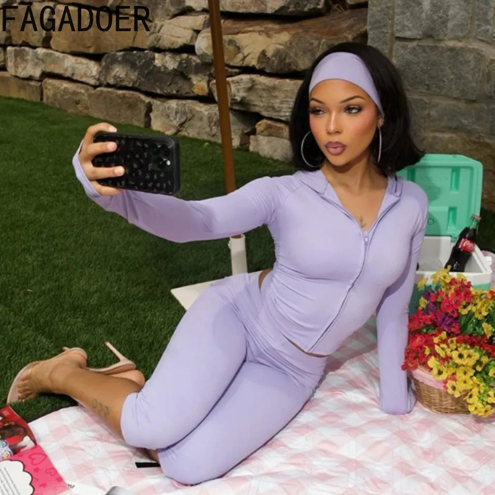 FAGADOER Casual Sporty 3 Piece Sets Fashion Solid Hooded Zip Up Long Sleeve Crop Top Capri Pants Headbands Matching Tracksuits view 4