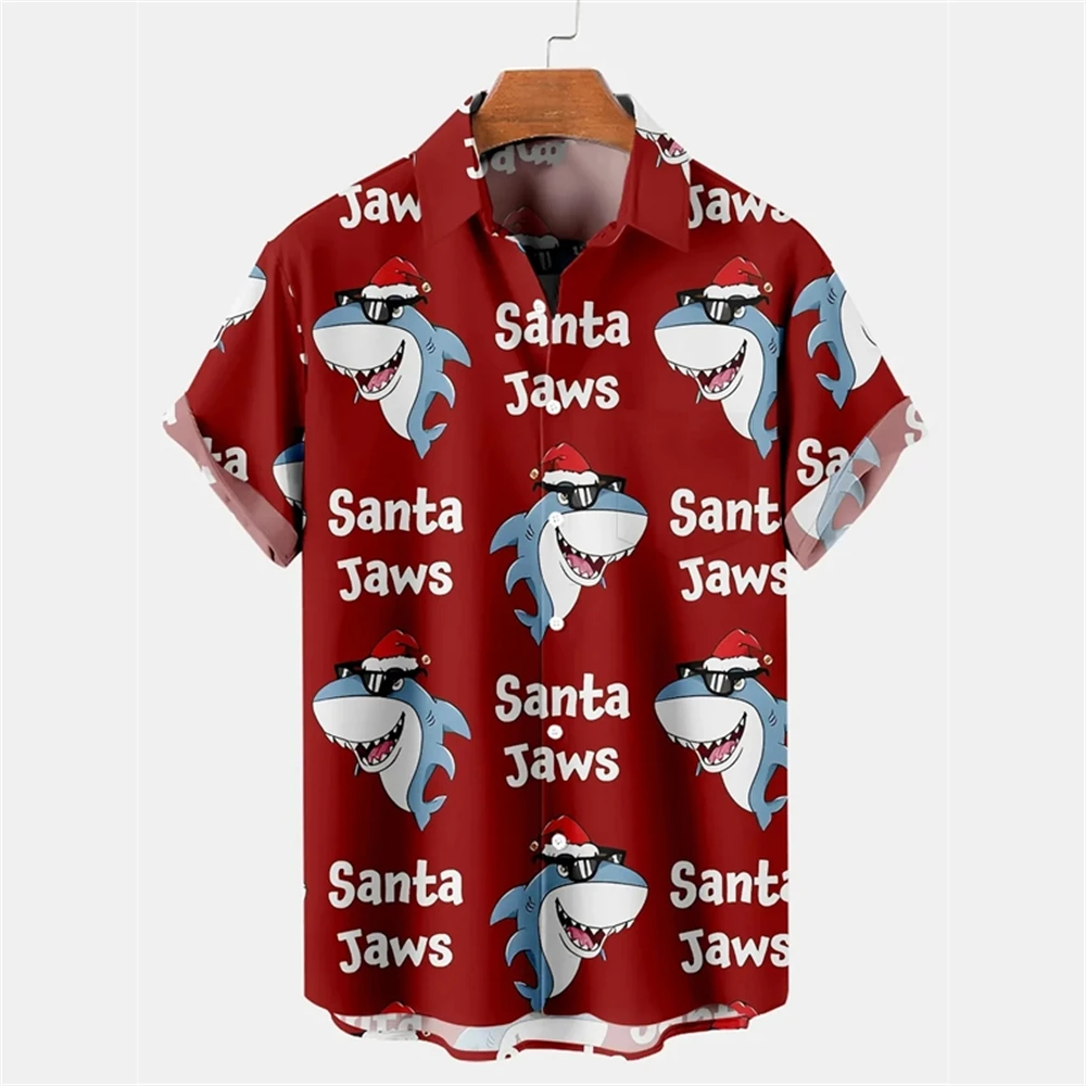 

Men's Christmas Blouse Funny 3D Shark Santa Claus Printed Shirt Casual Short Sleeve Tops X'mas Clothing Oversized Shirts For Men