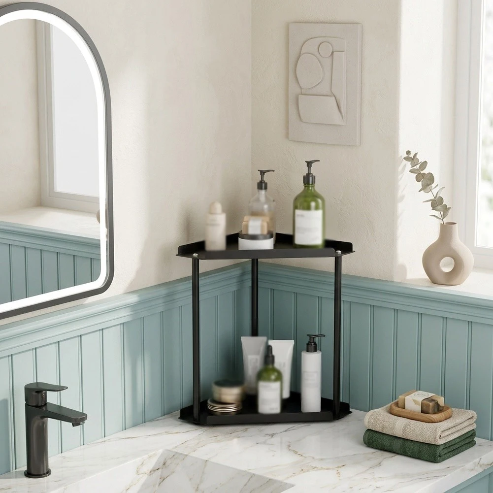 Bathroom Corner Organizer 2 Tier Design for Counter Use with Guardrails and Stability Feet for Toiletries Storage