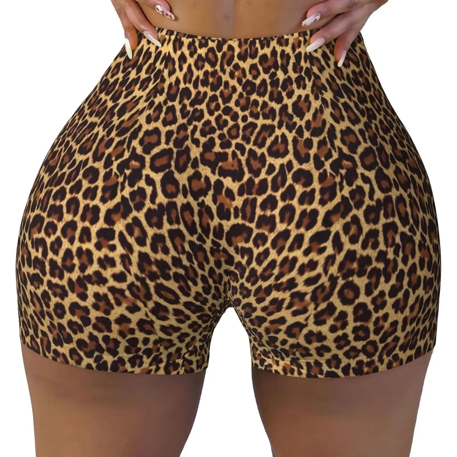 Workout-short met luipaardpatroon en wallpaperprint voor dames, elastische atletische gymshort, zomer naadloze yoga met hoge taille