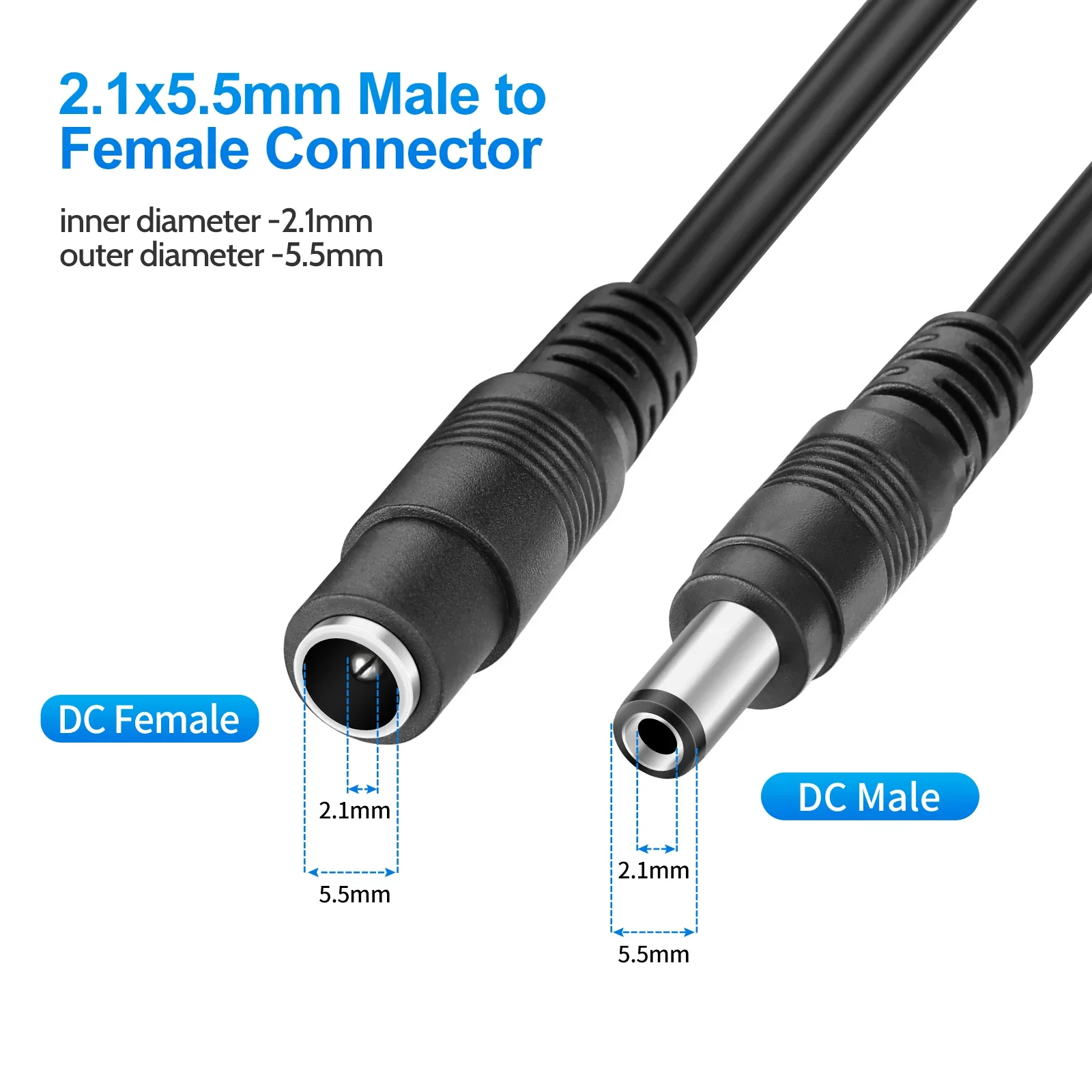 1M 3.28FT/ 2M 6.56FT/3M9.84FT/ 5M 16.5FT / 10M 33FT DC Extension 5.5x2.1mm Power Cord Cable Extender For CCTV Security Camera