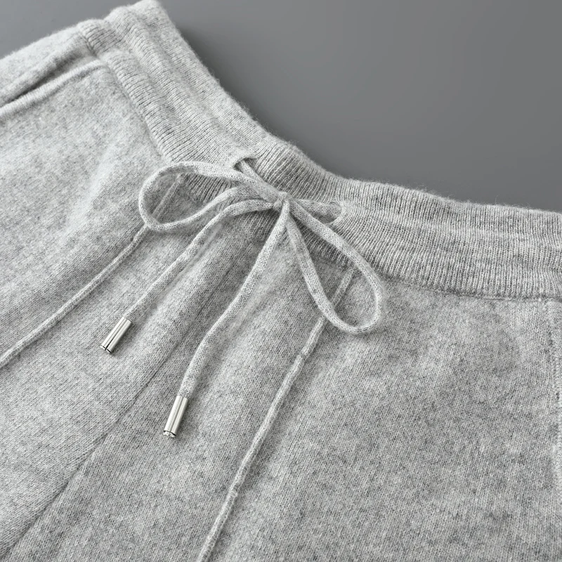 두꺼운 남성용 울 와이드 레그 팬츠 신축성 있는 허리밴드 바지 가을 겨울 에어 레이어 캐시미어 100% 메리노 울 니트 스마트 캐주얼 팬츠