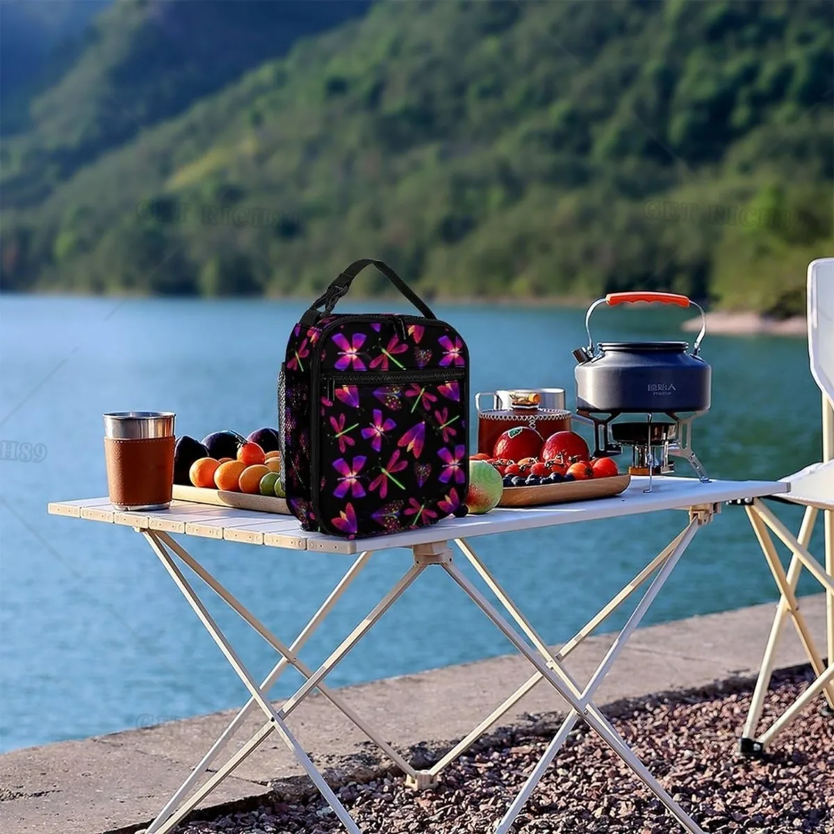 Borsa da pranzo nera con libellula a farfalla al Neon, scatola da pranzo portatile con capacità, borsa da pranzo grande riutilizzabile per uomo donna con lato.