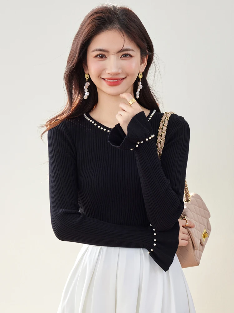 

New Fashion Women's Bead O-Neck Flare Sleeve Knitted Tops Autumn Lady Elegant Elastic Slim Pullover Sweater Vestidos