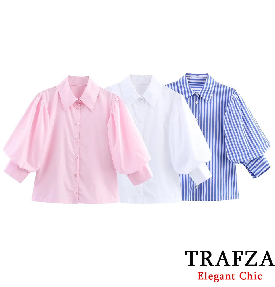 

TRAFZA Elegant Commute Shirt Women's Lapel Button Short Sleeve Shirt 2025 Spring/Summer Fashion Office Lady Casual Slim Shirts