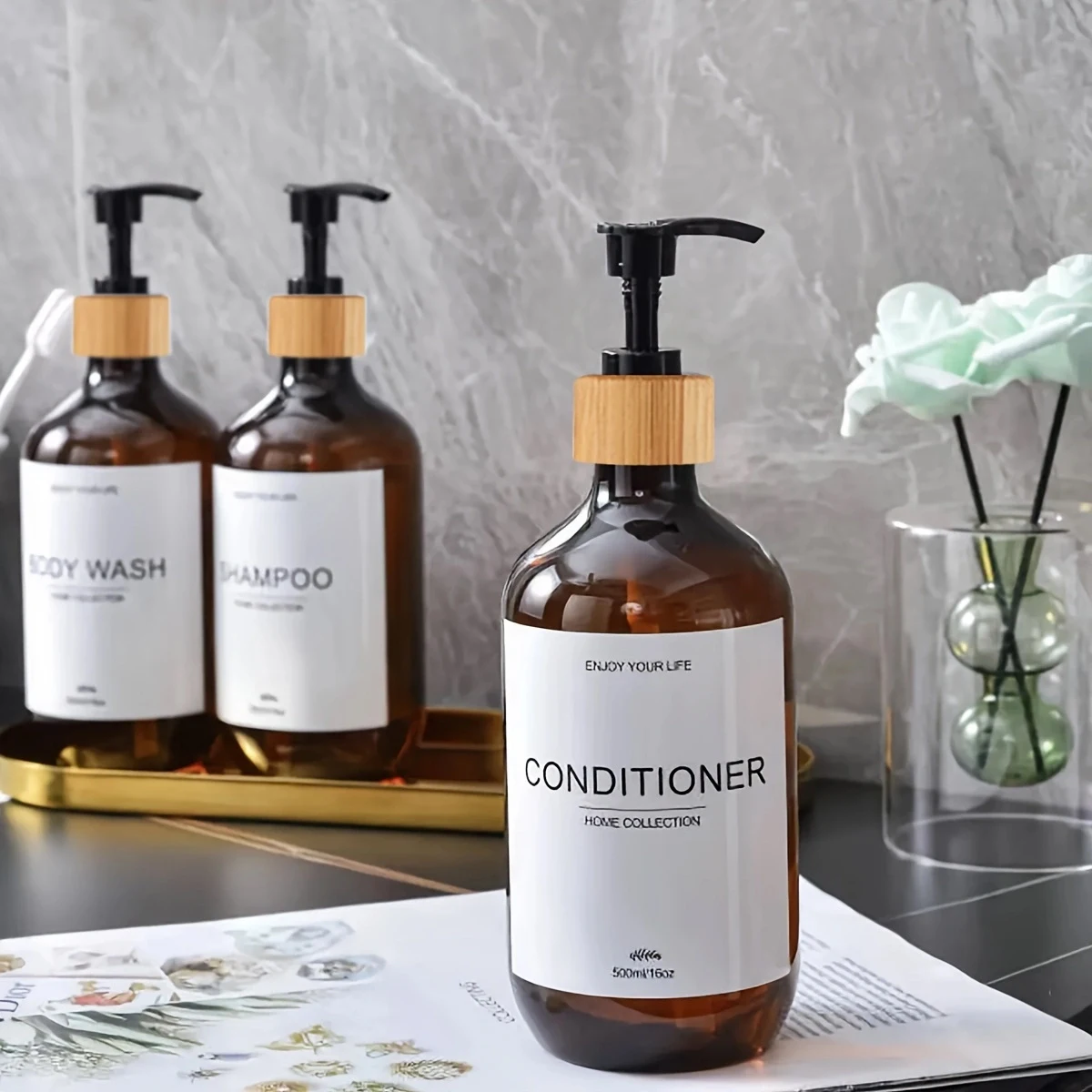 Bathroom Shampoo Dispenser Set 500ml Conditioner Body Wash Bottles Refillable Dispenser Farmhouse Decoration Storage Bottles