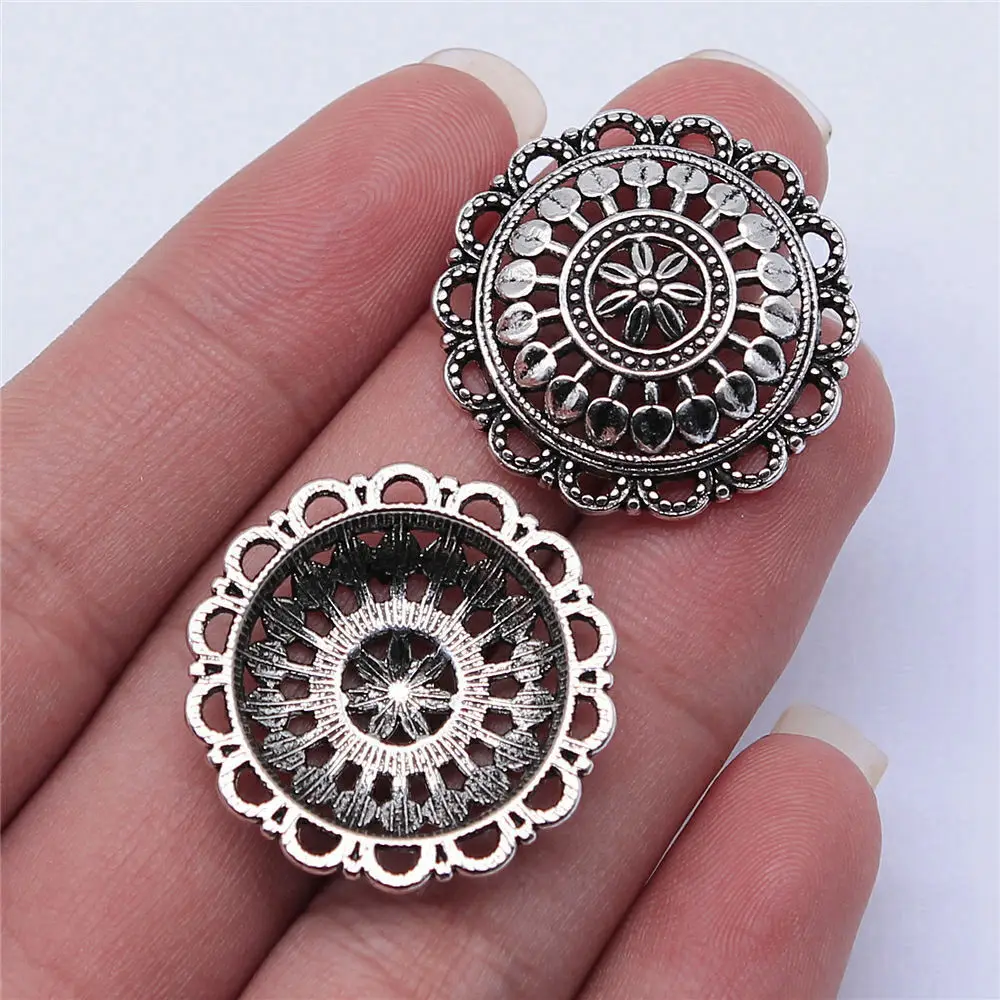 5pcs/lot 27x27mm Round Hollow Flower Charms For Jewelry Making Antique Silver Color 1.06x1.06inch