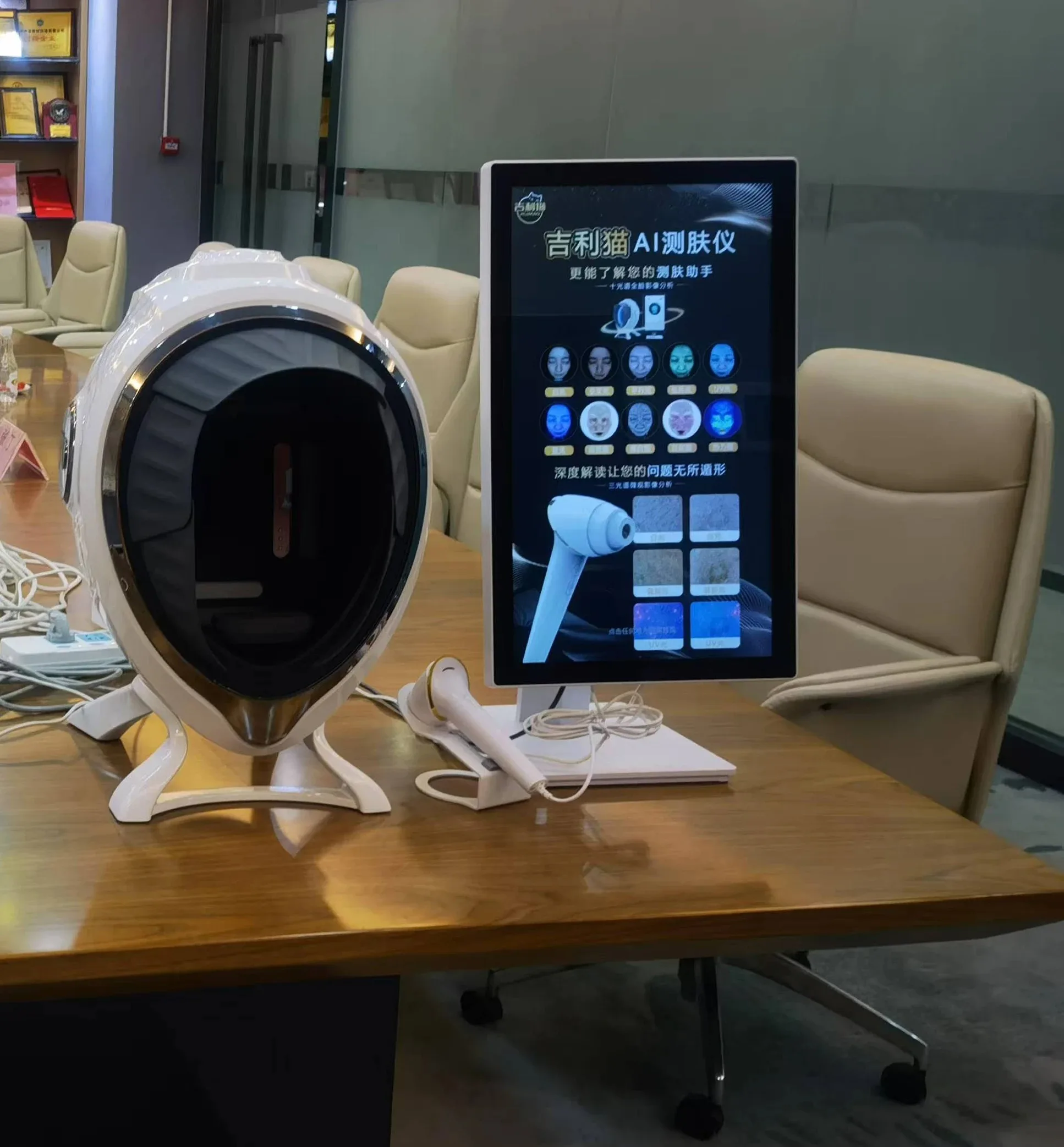 محلل صور الجلد ثلاثي الأبعاد Ai مقاس 21.5 بوصة بكسل عالي الوضوح مسح الوجه بالكامل متعدد الطيف كشف رطوبة فروة الرأس