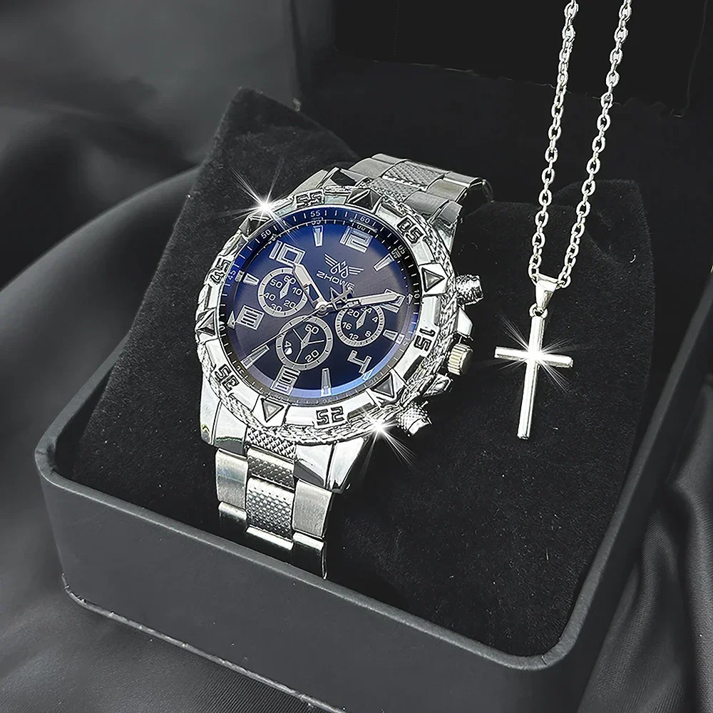 Men's Watch Set + Necklace with Cross Fashion Casual Stainless Steel Three-dial Quartz Watch Fathers Day Graduation Gift Set