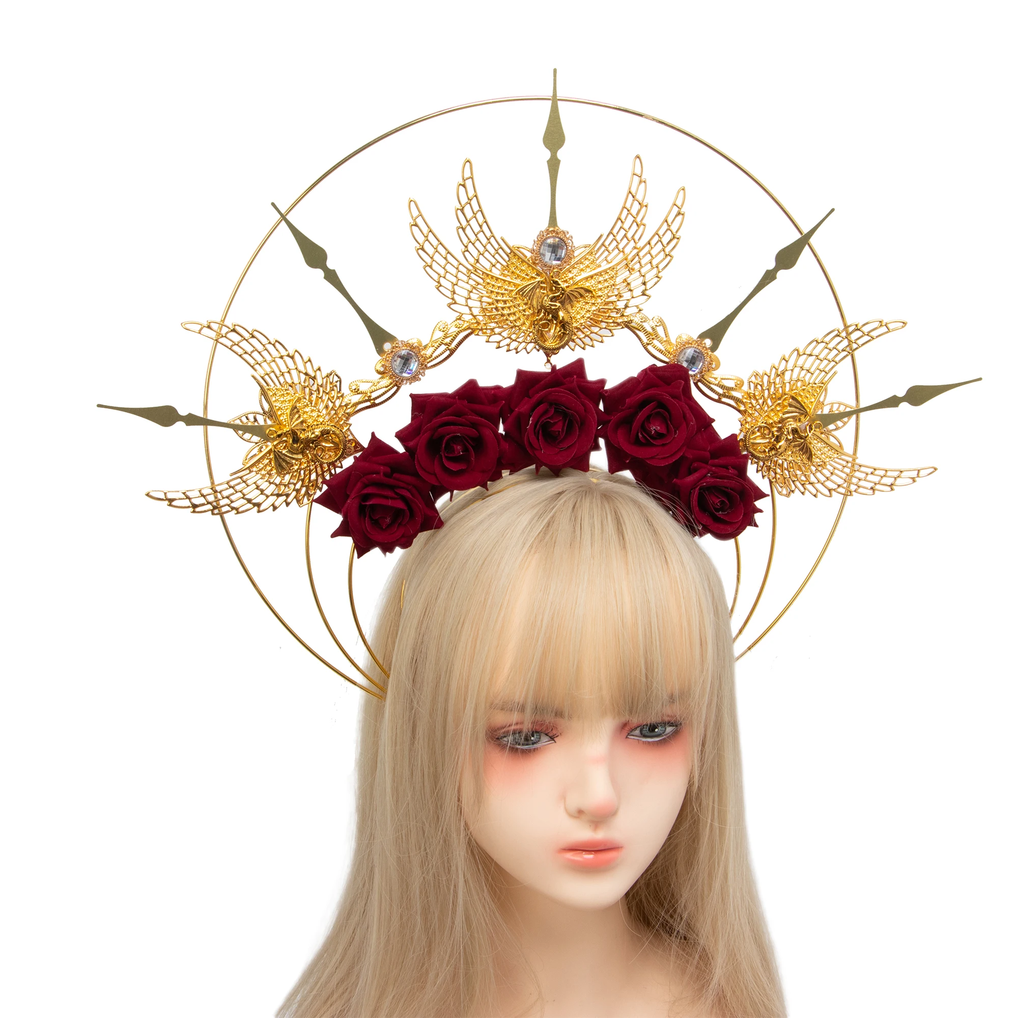 

Queen Sun Goddess Gold Angel Wings Spiked Crown Headband Gothic Lolita Rose Flower Halo Headpiece Baroque Hair Accessories