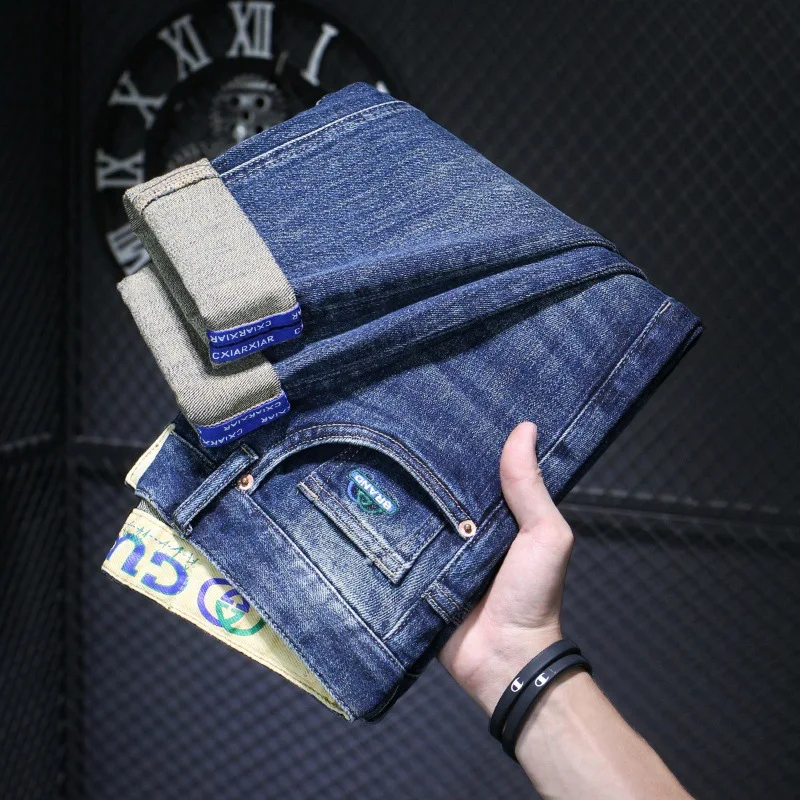 Light Luxury High-End Men's 2024 Four Seasons Washed-out Vintage Embroidery Stretch All-Matching Slim-Fit Straight Trousers