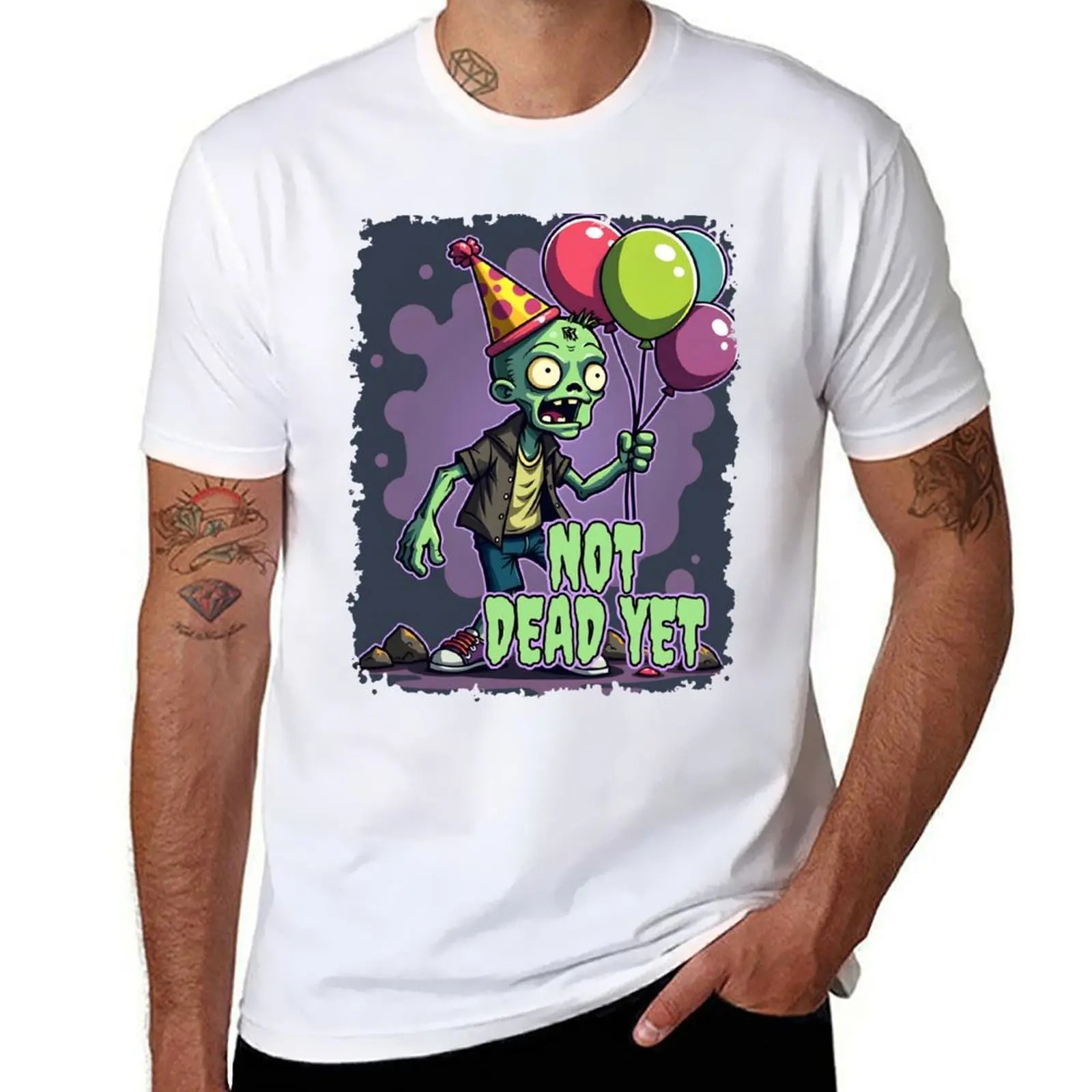 

Not Dead Yet (Zombie With Balloons and Party Hat) T-Shirt man t shirts for men casual cotton t shirts high quality T-Shirt