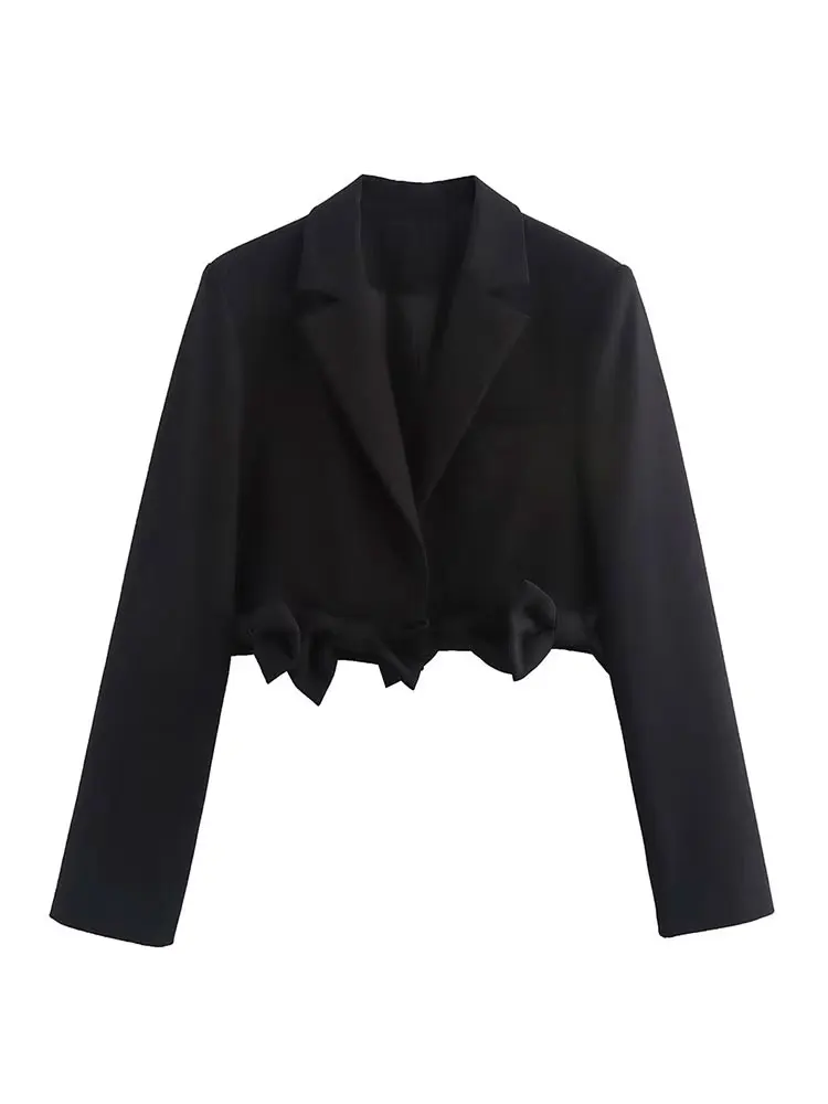 سترة نسائية أنيقة للربيع من HH سترة غير رسمية بلون سادة وياقة مقلوبة وأكمام طويلة مزينة بفيونكة 2025 معاطف مقصوصة عالية الشارع