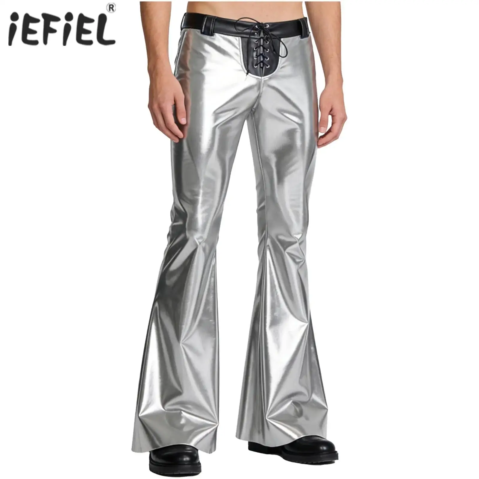 

Mens Metallic Disco Trousers Shiny 70s Disco Jazz Dance Flared Long Pants Lacing Waist Bell Bottom Vintage Cowboy Clubwear
